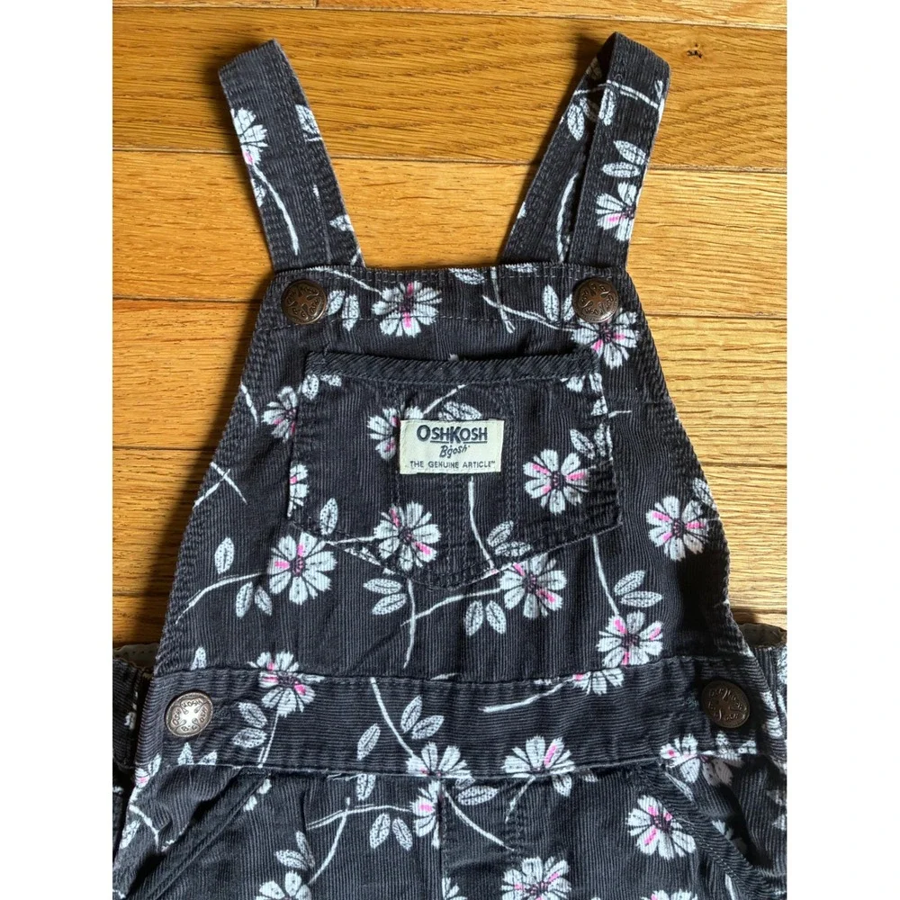 OshKosh B'gosh Toddler Girls 3T Black Floral Corduroy Overalls Daisy Print